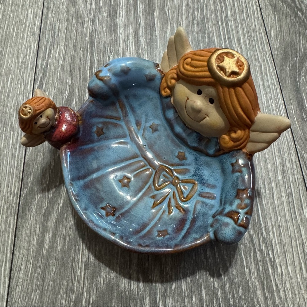 Vintage Heaven-Sent Angel Dish Figurine - Blue and Brown Candy Holder‎